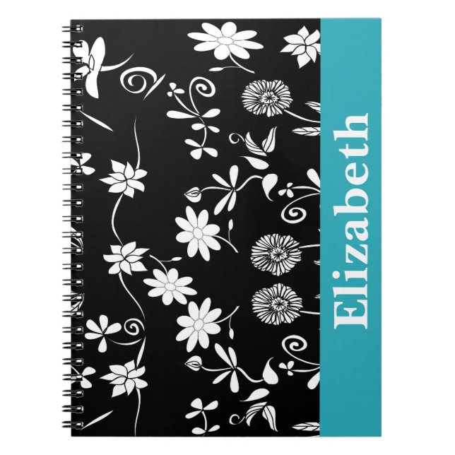Cuaderno Monograma blanco negro floral de Chevron personali (Frente)