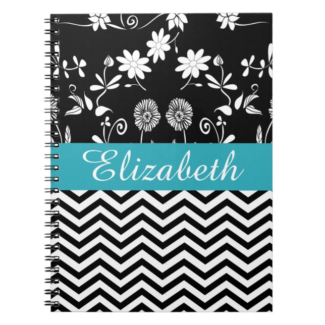 Cuaderno Monograma blanco negro floral de Chevron personali (Frente)