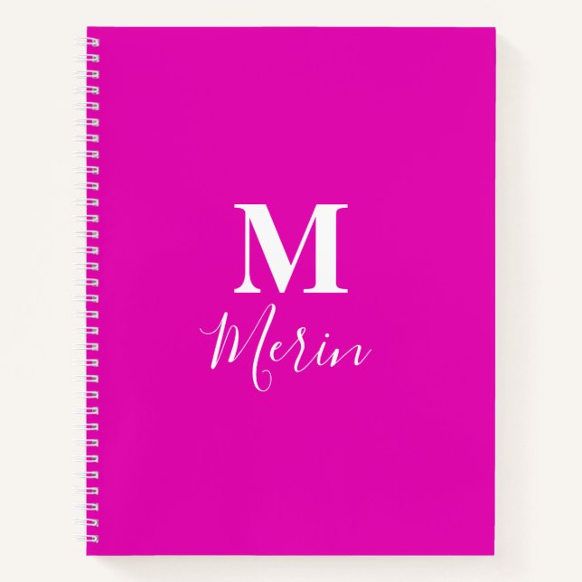 Cuaderno Monograma blanco rosado caliente Nombre personaliz (Anverso)