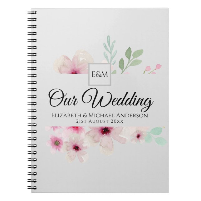 Cuaderno Monograma Boda Pareja Rubor Rosado Floral (Frente)