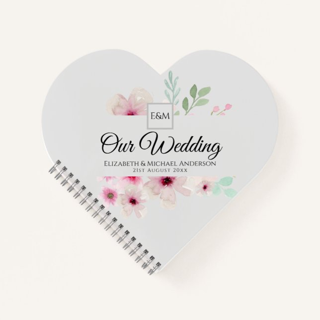 Cuaderno Monograma Boda Pareja Rubor Rosado Floral (Anverso)
