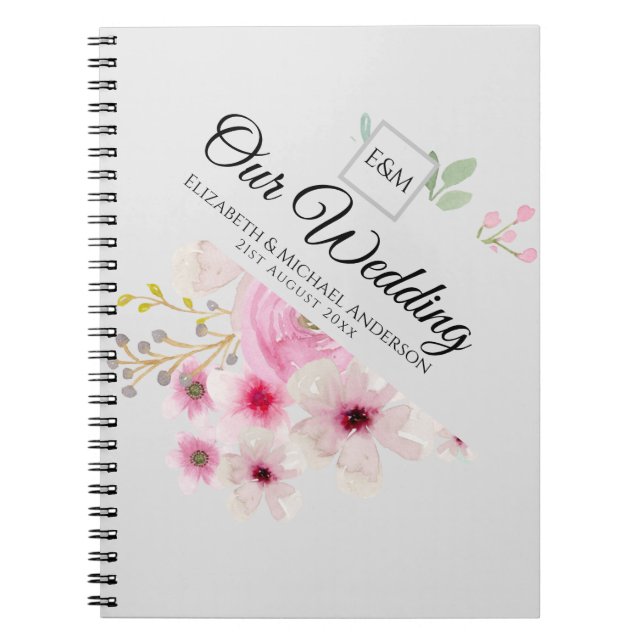 Cuaderno Monograma Boda Pareja Rubor Rosado Floral (Frente)