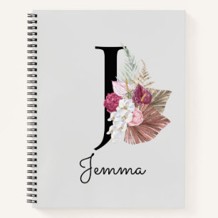 Cuaderno Monograma Boho Rosa Girly Floral Inicial J