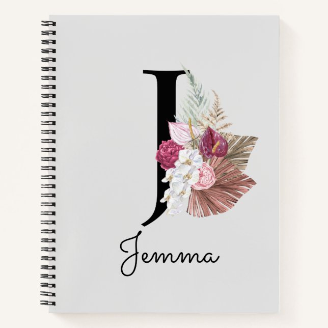 Cuaderno Monograma Boho Rosa Girly Floral Inicial J (Anverso)