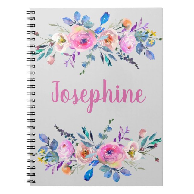 Cuaderno Monograma boho rosa y azul floral (Frente)
