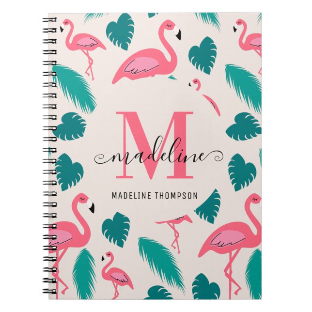 Cuaderno Monograma Bonito Hojas Tropicales Flamenco Rosa In (Frente)