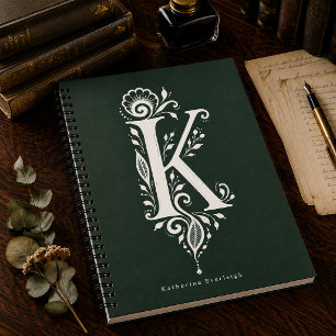 Cuaderno monograma botánico de linóleo con la letr