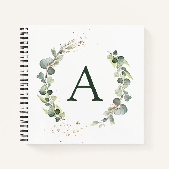 Cuaderno Monograma Botánico Verde Blanco de Eucalipto (Anverso)