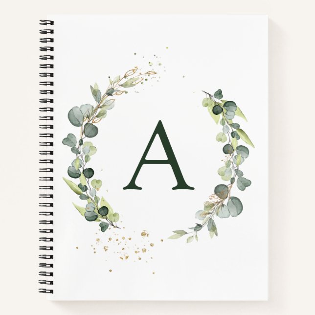 Cuaderno Monograma Botánico Verde Blanco Eucalipto (Anverso)