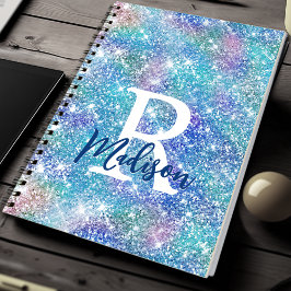 Cuaderno Monograma brillante azul rosa de unicornio iridisc