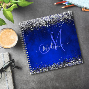 Cuaderno Monograma brillante falsa de azul real lindo