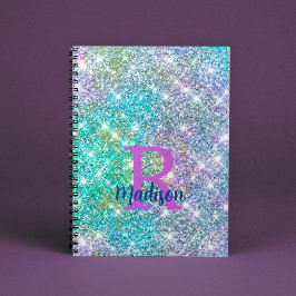 Cuaderno Monograma brillante falso azul de unicornio iridis