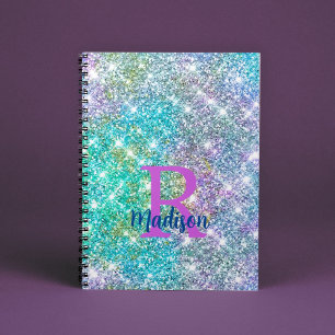 Cuaderno Monograma brillante falso azul de unicornio iridis