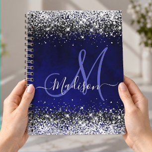 Cuaderno Monograma brillante falso azul real lindo