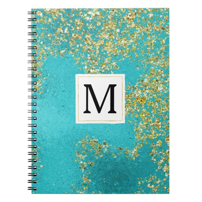 Cuaderno Monograma Brillante Falso de Aqua Dorado (Frente)