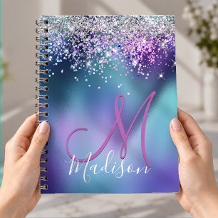 Cuaderno Monograma brillante falso de turquesa morado lindo