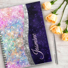 Cuaderno monograma brillante plateado púrpura iridiscente f