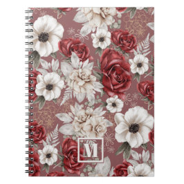 Cuaderno Monograma Burgundy Rosa Patrón Floral Rosa