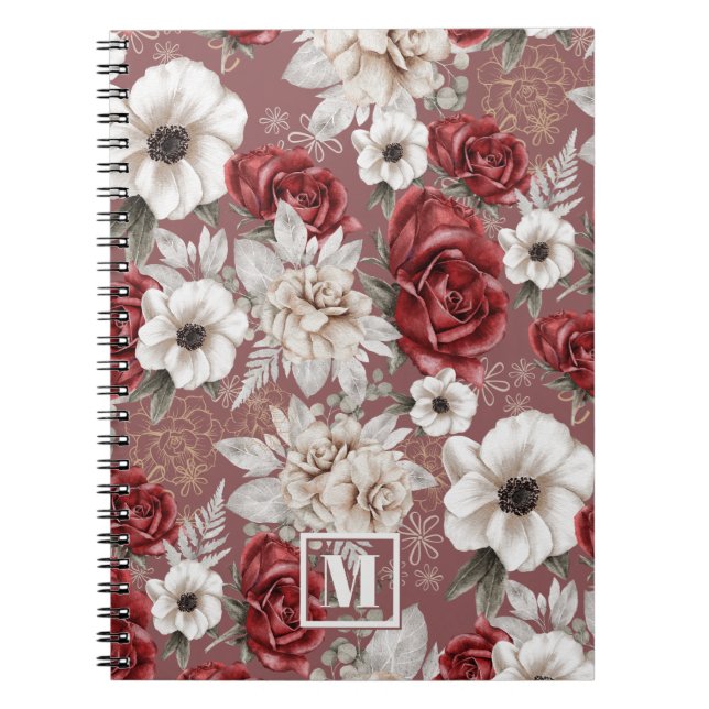 Cuaderno Monograma Burgundy Rosa Patrón Floral Rosa (Frente)
