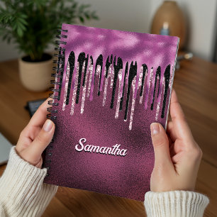 Cuaderno Monograma chic de brillo con gotas de rosa calient
