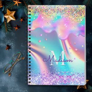 Cuaderno Monograma chic holográfico con purpurina goteante