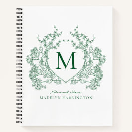 Cuaderno Monograma clásico esmeralda verde cresta floral