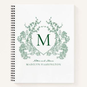 Cuaderno Monograma clásico esmeralda verde cresta floral