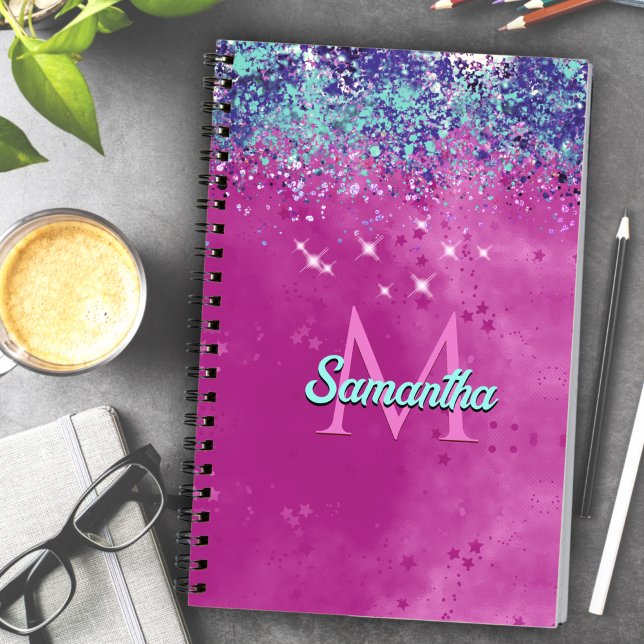 Cuaderno Monograma con brillo iridiscente rosa aqua chic (Subido por el creador)