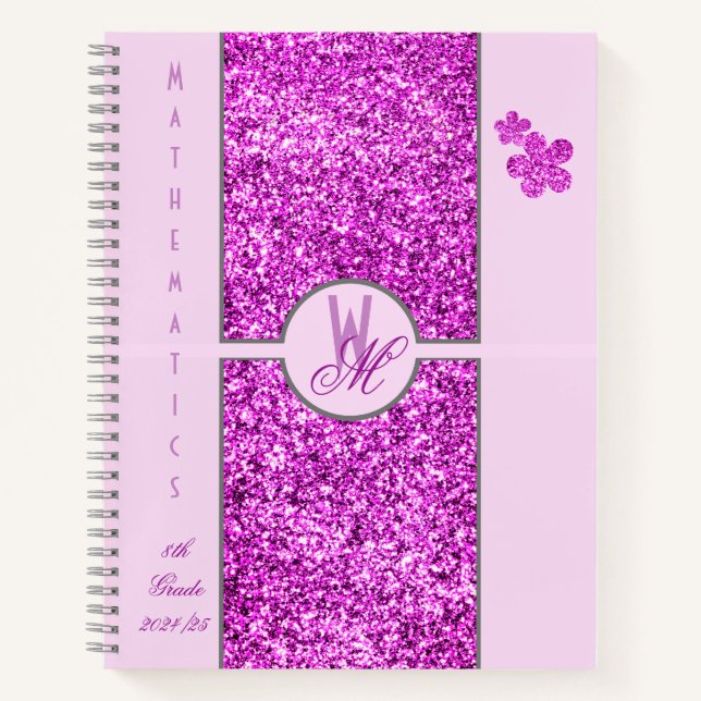 Cuaderno Monograma con flores de purpurina rosa (Anverso)