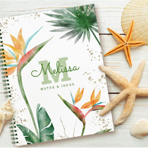 Cuaderno Monograma con Fuente de Isla Tropical Floral Dorad
