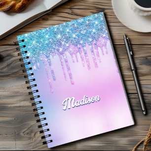 Cuaderno Monograma con gotas de brillo turquesa morado lind