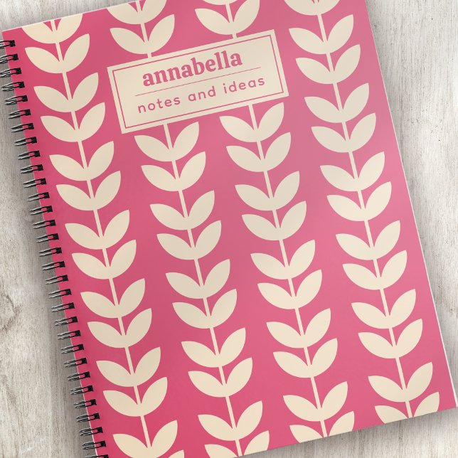 Cuaderno Monograma con patrón de hoja de estilo retro rosa  (Subido por el creador)