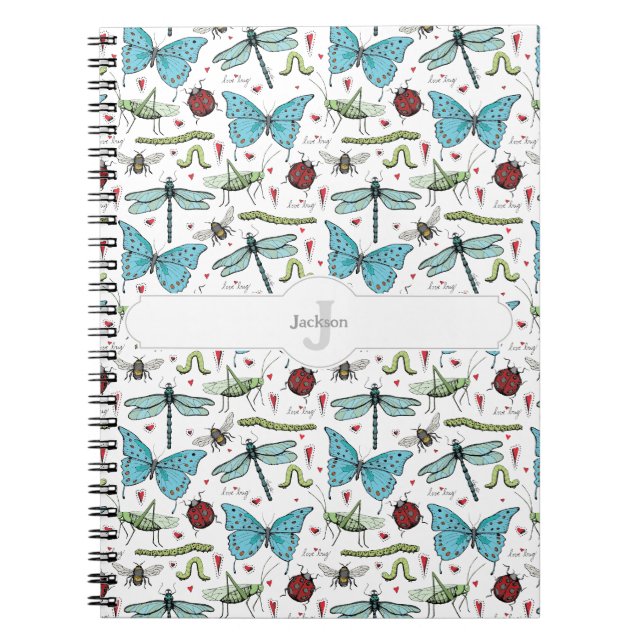 Cuaderno Monograma con Patrón de Insectos Blancos (Frente)