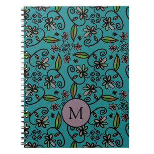 Cuaderno Monograma con patrón floral azul verde lindo
