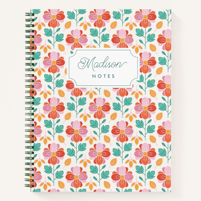 Cuaderno Monograma con patrón floral retro lindo (Anverso)