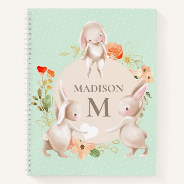 Cuaderno Monograma Conejo Conejo Floral Giro Personalizado (Anverso)