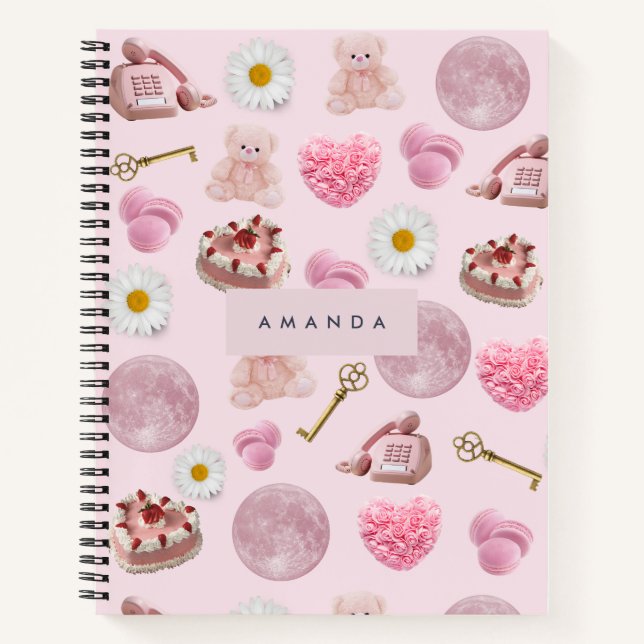 Cuaderno Monograma Coquette Personalizada Luna Rosa Feminin (Anverso)