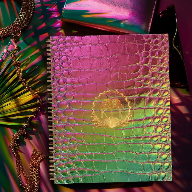 Cuaderno Monograma Croc Iridescente Rosa Verde Elegante (Chic Luxe Monogrammed Pink and Green Iridescent Notebook, Glossy Paper Cover/shown or Matte finish)