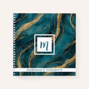 Cuaderno Monograma cuadrado con remolinos de azul verde y d