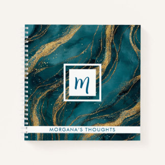 Cuaderno Monograma cuadrado con remolinos de azul verde y d