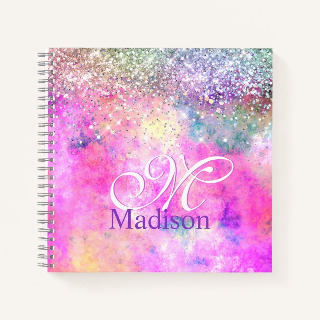 Cuaderno Monograma cutáneo iridescen plateado purpurina not (Anverso)