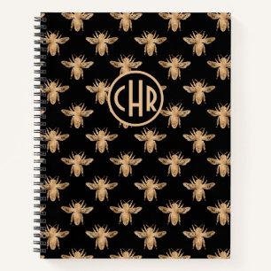 Cuaderno Monograma De Abeja Cuta De Negro Y Oro