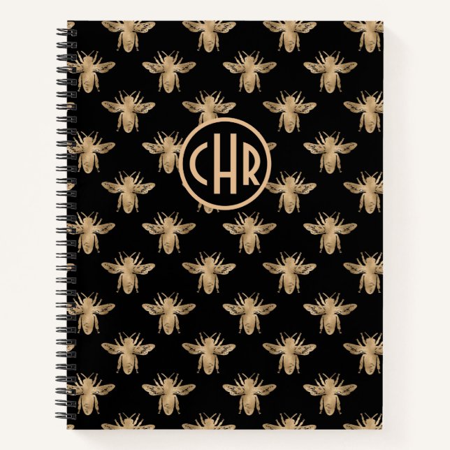 Cuaderno Monograma De Abeja Cuta De Negro Y Oro (Anverso)