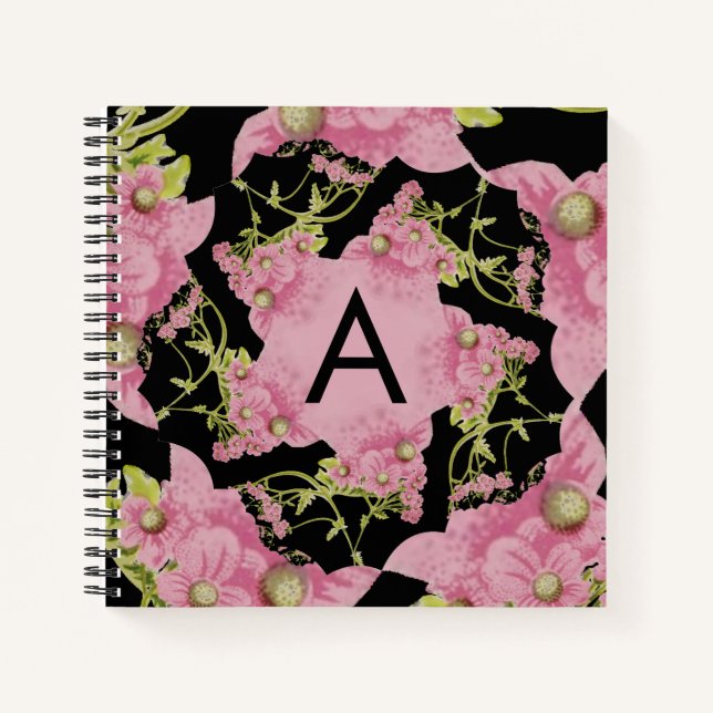 Cuaderno Monograma de Achillea rosa y negro (Anverso)