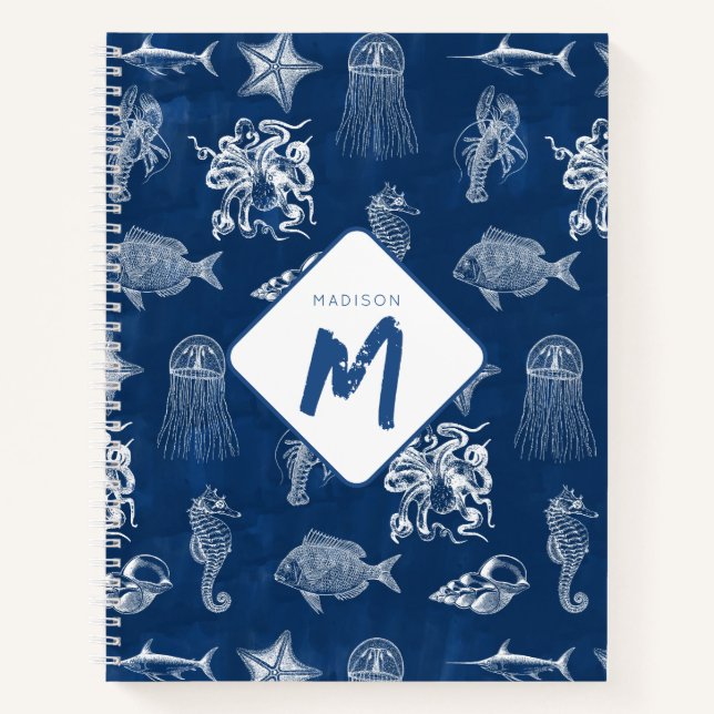 Cuaderno Monograma de acuarela azul marina marina marina ma (Anverso)