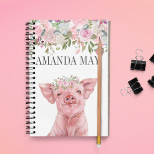 Cuaderno Monograma de acuarela de flor floral de cerdo rosa