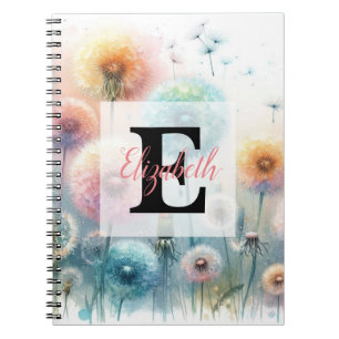 Cuaderno Monograma de acuarela floral con dandelios rosas y