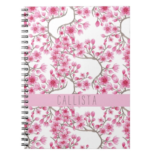 Cuaderno Monograma de acuarela floral con flores de cerezo  (Frente)