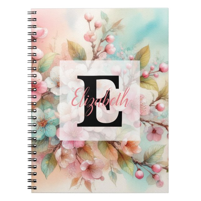 Cuaderno Monograma de acuarela floral de flores de cerezo r (Frente)