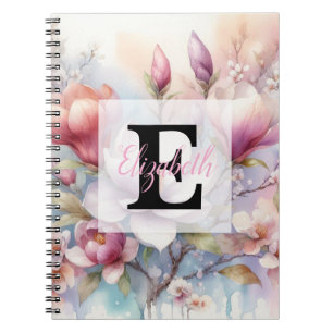 Cuaderno Monograma de acuarela floral de flores de magnolia
